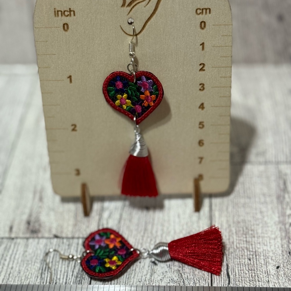 Embroidered Red Heart Tassel Earrings